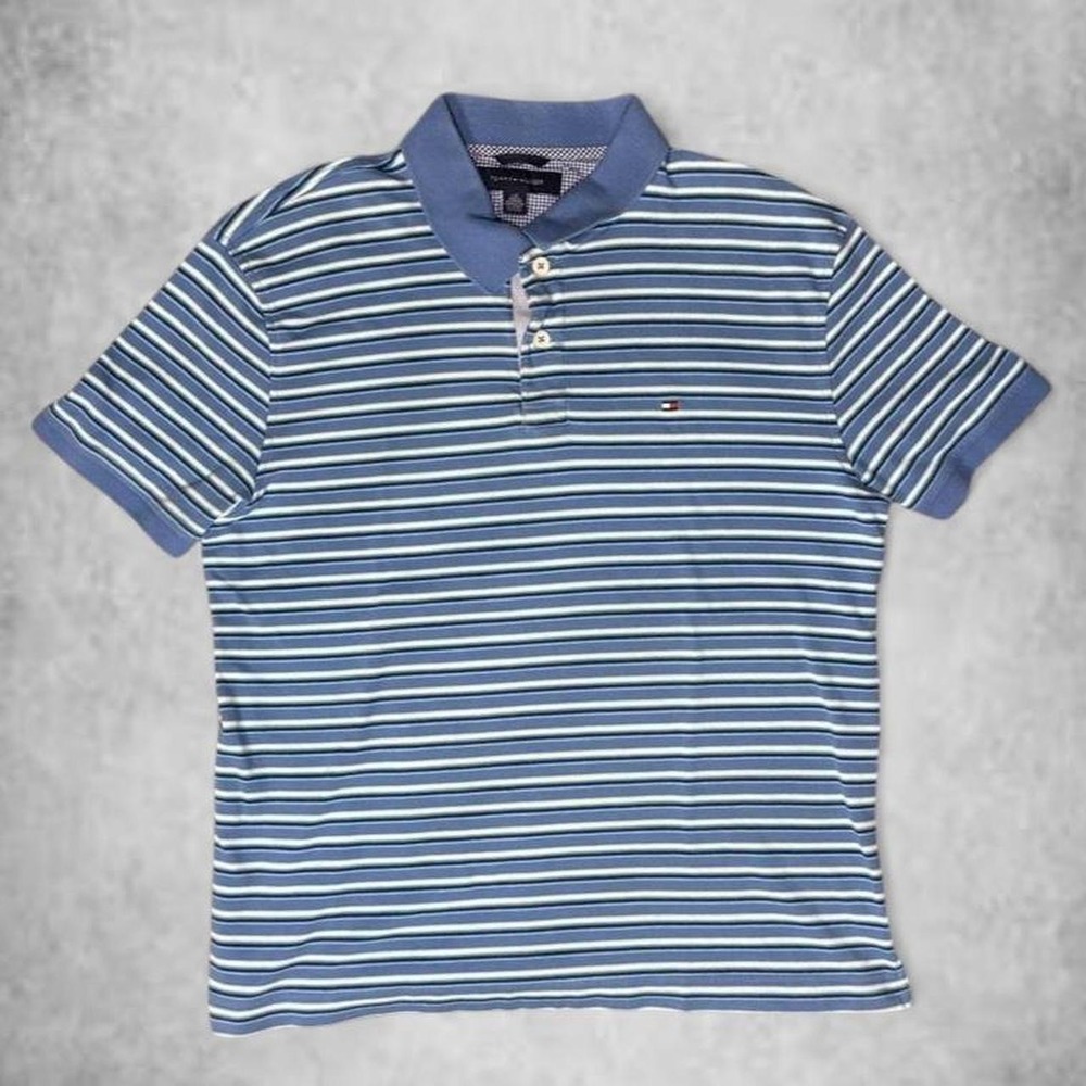 Tommy Hilfiger Striped Polo Shirt Mens Large Blue White Vintage Y2K Preppy